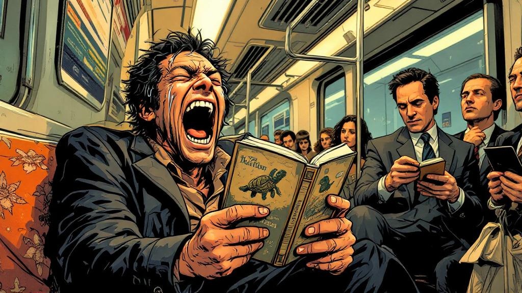 A person reading a Discworld book on the subway, tears streaming from laughter while confused passengers look on