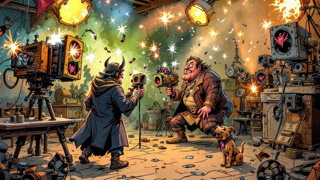 A chaotic movie set with demons in cameras, magical sparks, and frantic filmmakers