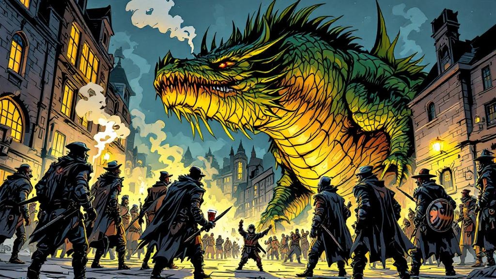 The ragtag Night Watch confronting a massive dragon in a medieval street, looking comically outmatched