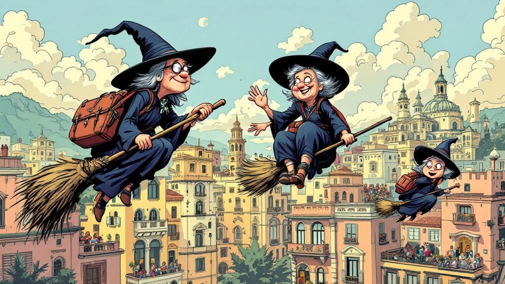 Three witches on broomsticks flying over a foreign city, one disapproving, one waving cheerfully, one looking nervous