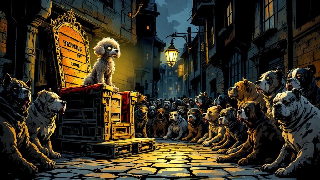 A small poodle standing on a makeshift throne addressing rows of larger dogs in a dark alley, with an air of manic authority