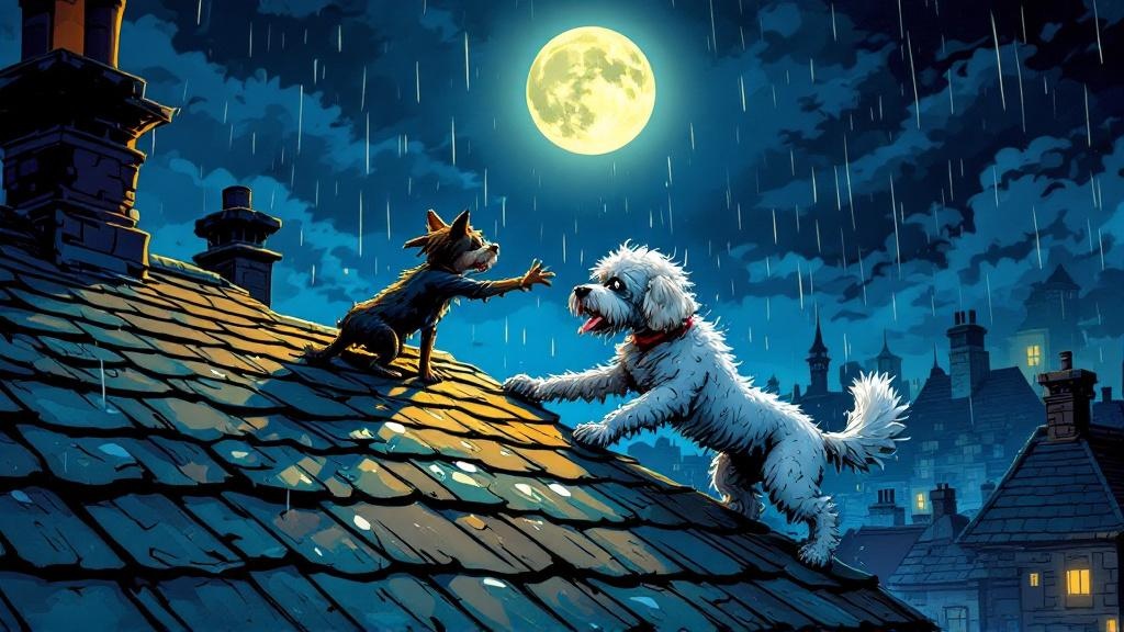 A small scruffy dog reaching a paw toward the edge of a rooftop at night, trying to reach another dog sliding from the tiles