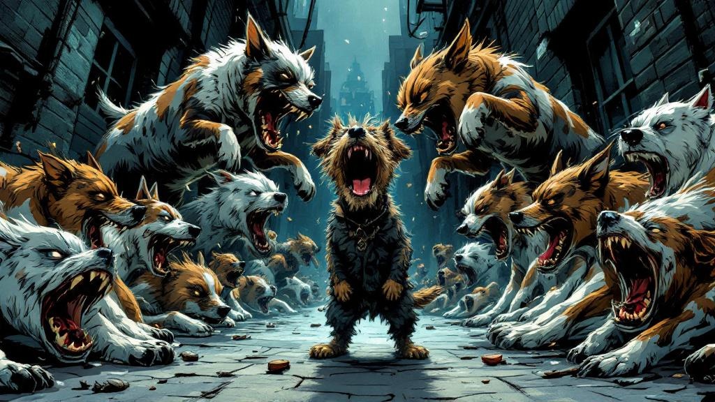 A small scruffy terrier shouting at a mid-air pack of leaping dogs, several of whom are involuntarily sitting while others tumble in confused shame