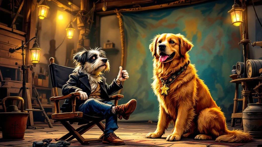 A small scruffy dog with a knowing look gesturing importantly while a beautiful golden dog sits obediently nearby under bright Holy Wood lights