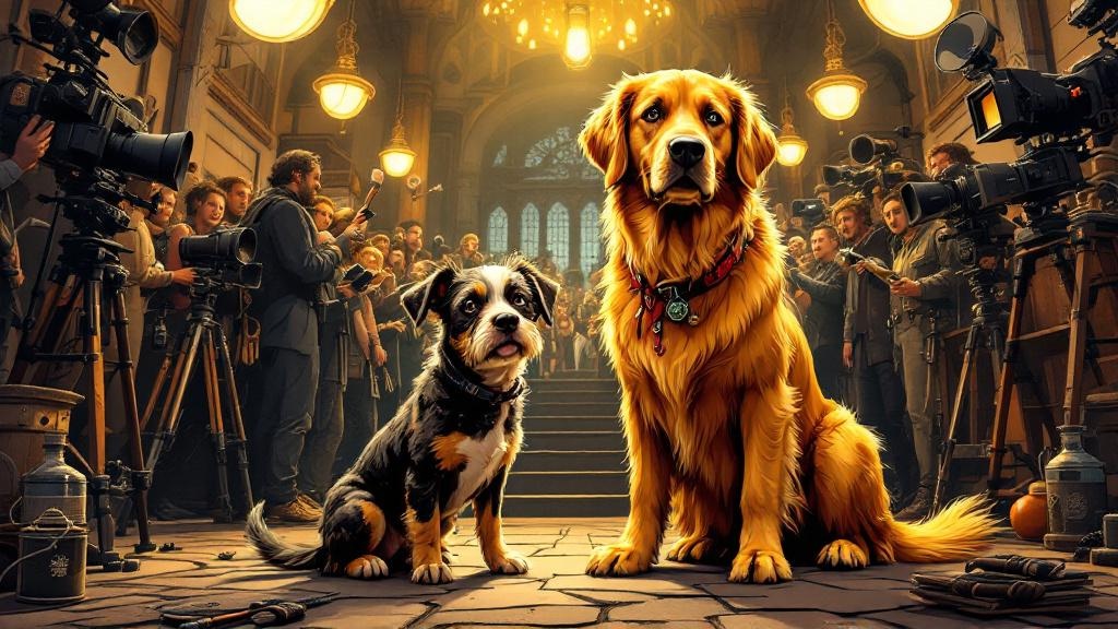 A scruffy small terrier standing next to a gleaming golden retriever on a Holy Wood film set, crew members fussing over the beautiful dog while ignoring the scrappy one