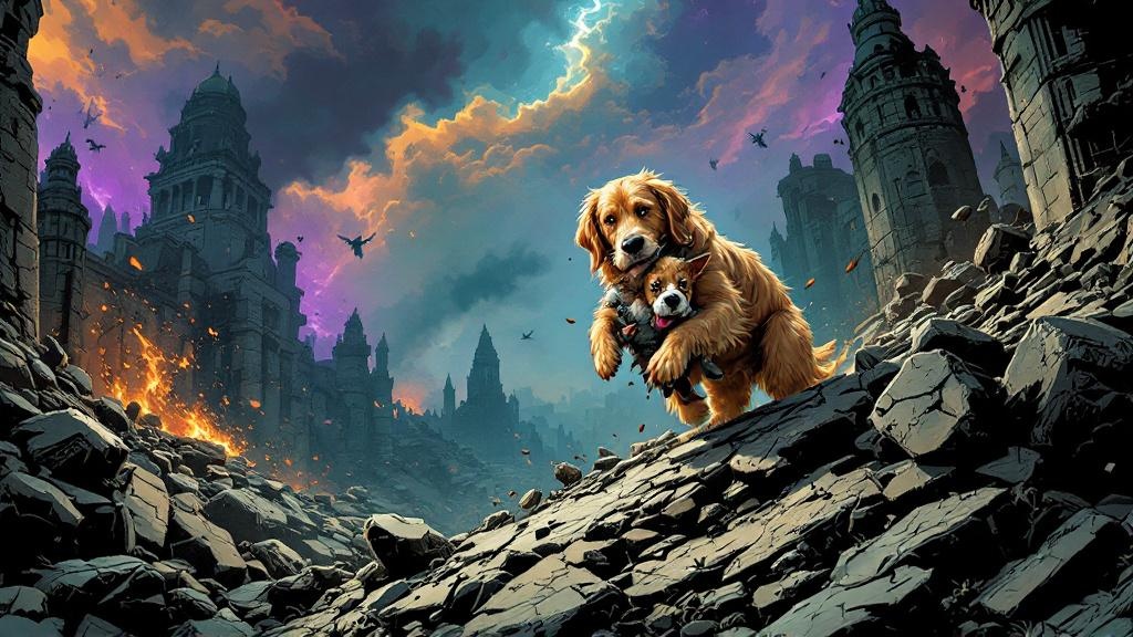 A golden dog carrying a small injured scruffy terrier through rubble and chaos, the smaller dog protesting but unable to stop the rescue