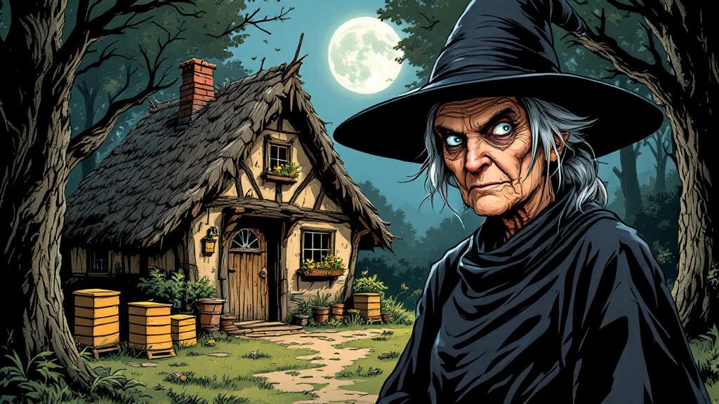 Granny Weatherwax standing outside her isolated cottage at the edge of the forest, with beehives nearby