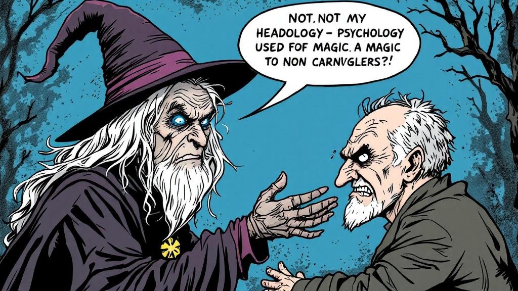 Granny Weatherwax giving an intimidating stare to a nervous man who backs away in fear