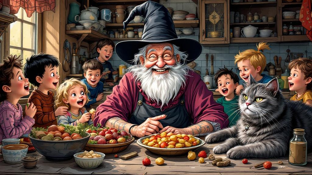 Nanny Ogg surrounded by grandchildren in her cozy, cluttered kitchen with Greebo the cat nearby