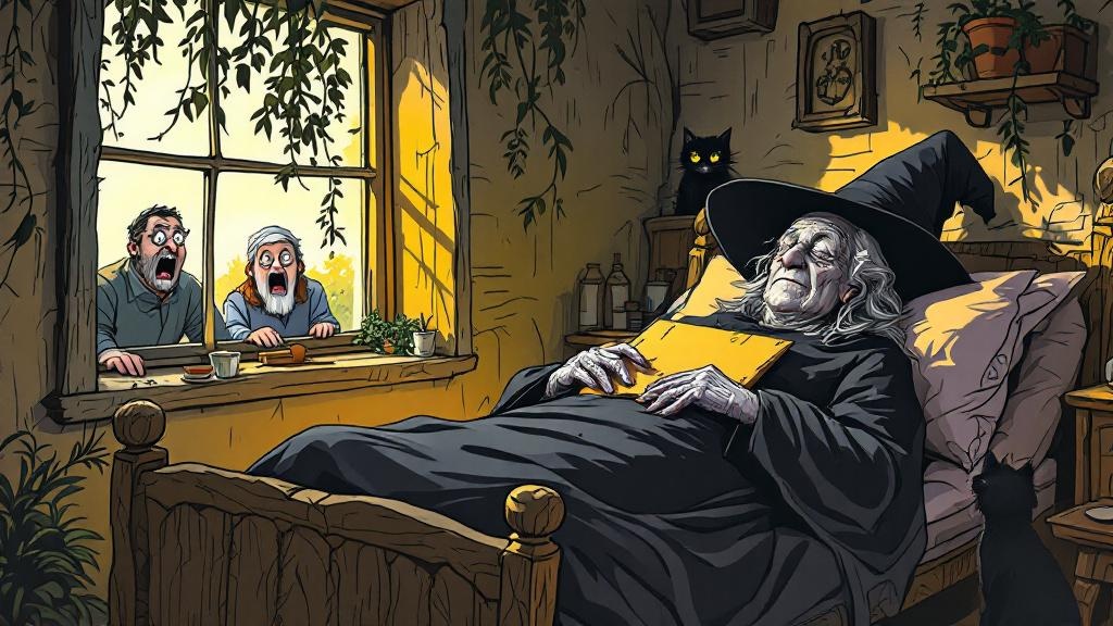Granny Weatherwax lying rigid on her bed in her cottage, holding a small handwritten cardboard sign reading I ATEN'T DEAD, with concerned villagers peering through the window