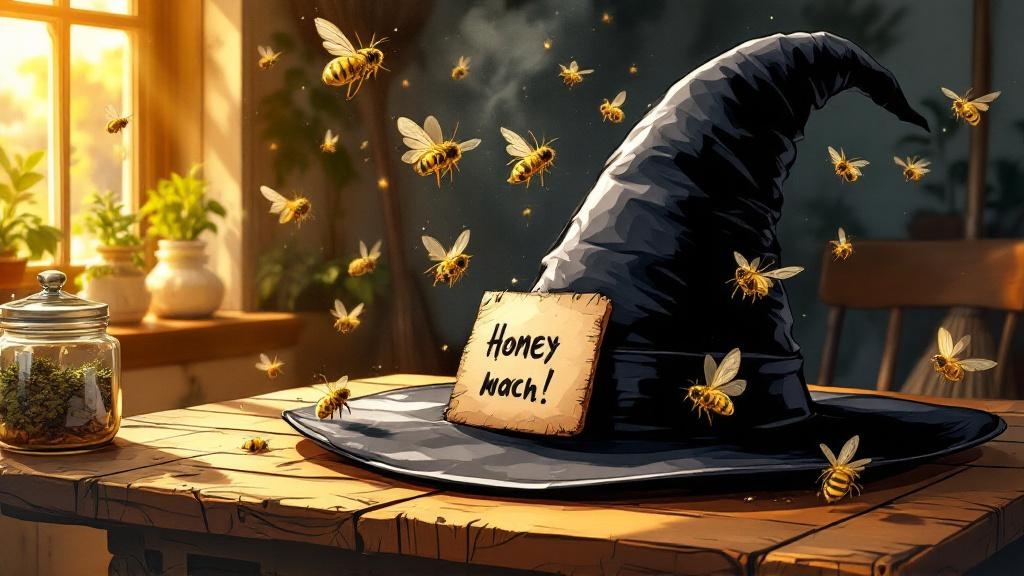 A close-up of a small handwritten cardboard sign reading I ATEN'T DEAD in shaky capital letters, propped against a black pointed witch's hat with bees circling around it