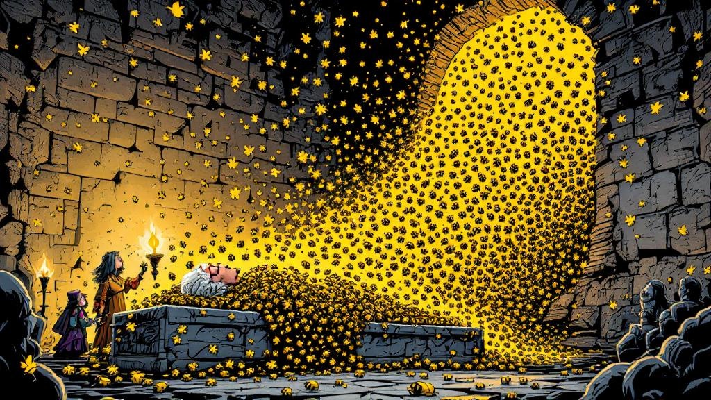 A massive swarm of golden bees pouring through a castle window and covering a still figure lying on a stone slab, the room filled with the glow of thousands of tiny wings