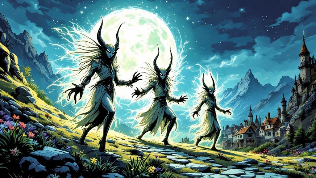Ethereal menacing elves with sharp features pouring through a stone circle on a moonlit hillside, their glamour distorting the air around them like a heat haze