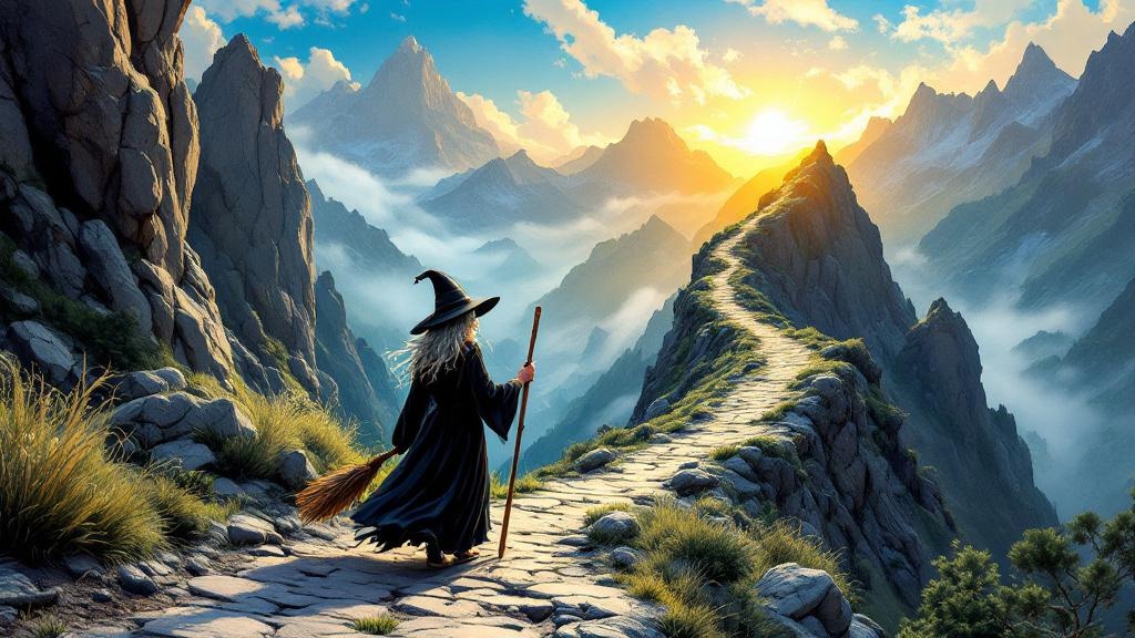 Granny Weatherwax walking resolutely up a steep mountain path toward golden light