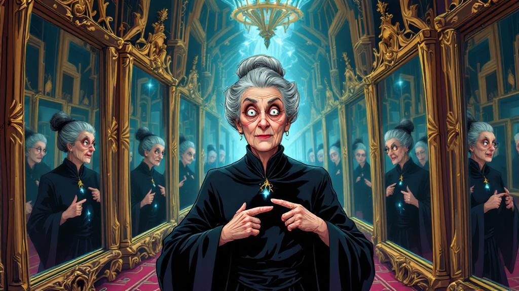 Granny Weatherwax pointing at herself with absolute certainty in an infinite hall of mirrors
