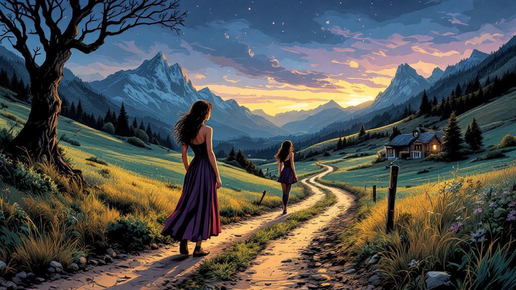 Two young women at a crossroads, one walking toward mirrors and magic, the other staying on the path to a cottage