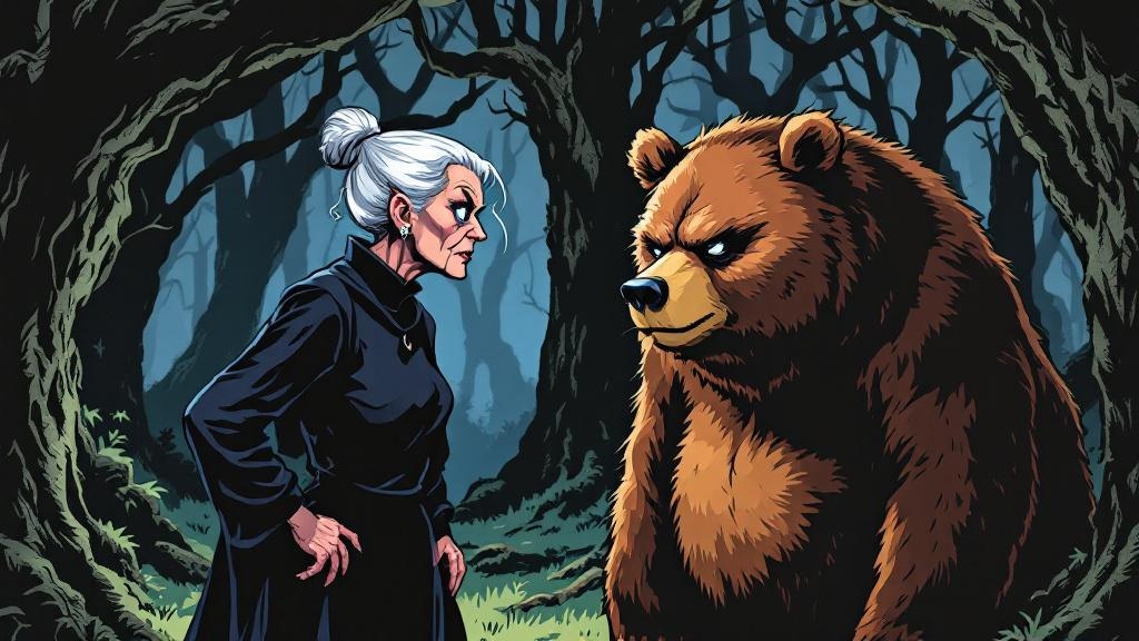 Granny Weatherwax intimidating a cowering bear with her withering stare in a dark forest