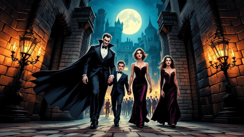 The Magpyr vampire family arriving at Lancre Castle in elegant dark clothing, walking confidently through the castle gates while villagers look on with glazed, enchanted expressions