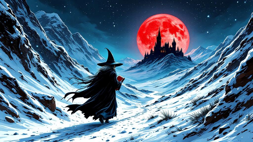 Granny Weatherwax and Mightily Oats trudging through a snowy mountain pass at night, Oats clutching his holy book while Granny strides ahead with grim determination, a distant castle silhouetted against a blood-red moon