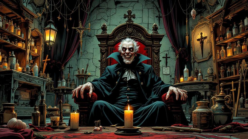 The old Count de Magpyr sitting in his shadowy castle surrounded by deliberately visible holy water, easily-breakable crucifixes, and convenient wooden stakes, a knowing smile on his ancient face