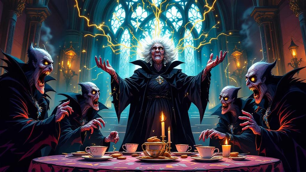 Granny Weatherwax standing triumphant before the confused Magpyr vampires who are involuntarily reaching for teacups instead of victims, their fangs retracting as Granny's iron will radiates outward from her like visible force