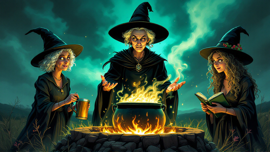 Three witches around a bubbling cauldron on a stormy moor at night: a stern, thin elderly witch in black, a short, round, cheerful old woman, and a nervous young witch with flowers in her hair