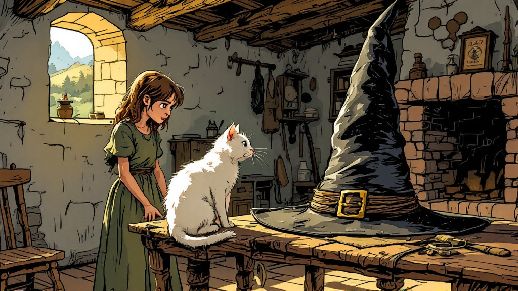 A young witch with brown hair and a green dress standing in a plain, sparse mountain cottage, looking at an old, tall black pointed hat resting on a wooden table, with a white cat sitting beside it