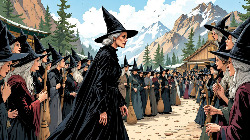 A crowd of witches in pointed hats at an outdoor gathering in the mountains, all turning to watch as a stern, thin elderly witch in a plain black dress walks into the clearing