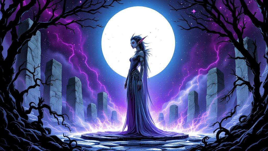 The Elf Queen standing in a moonlit stone circle, her ethereal beauty distorting the air around her like a heat haze while dark shadows writhe at her feet
