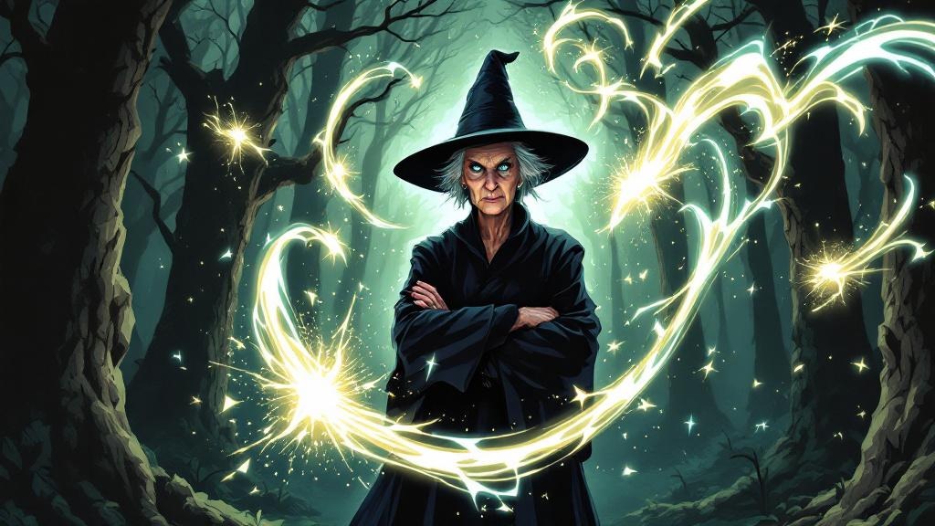 Granny Weatherwax standing firm in a dark forest clearing, her piercing eyes cutting through swirling magical light, arms folded across her chest