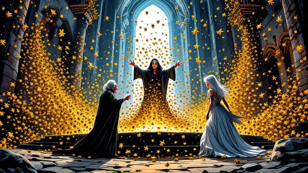 Granny Weatherwax rising from a stone slab surrounded by a golden cloud of bees while the Elf Queen recoils in shock, the glamorous light around the Queen cracking and shattering
