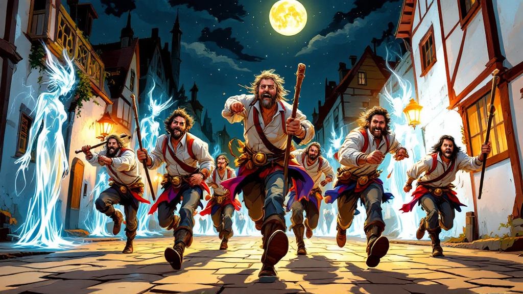 A group of determined morris dancers charging through a moonlit village street, iron bells gleaming on their legs, wooden staves raised, while ethereal elven figures recoil from the approaching iron