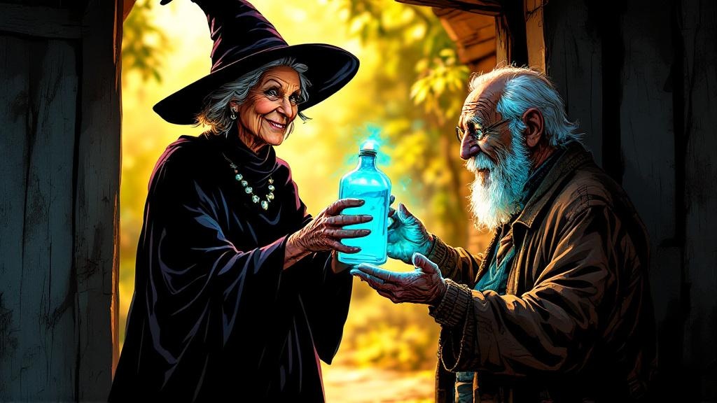 Granny Weatherwax handing a bottle of glowing colored water to an elderly man with absolute confidence