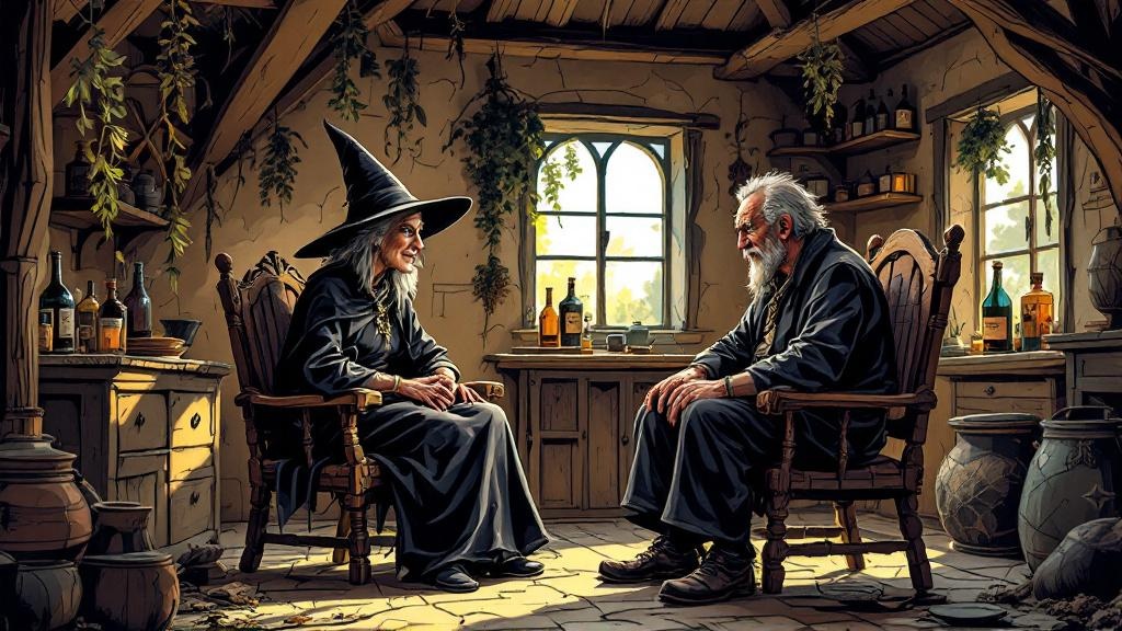 Granny Weatherwax sitting across from a nervous villager in her cottage, giving practical advice with a knowing look