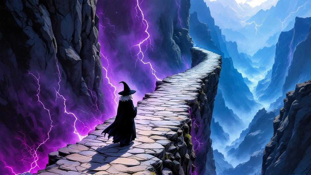Granny Weatherwax walking a narrow mountain path with magical storms raging on either side but calm where she walks