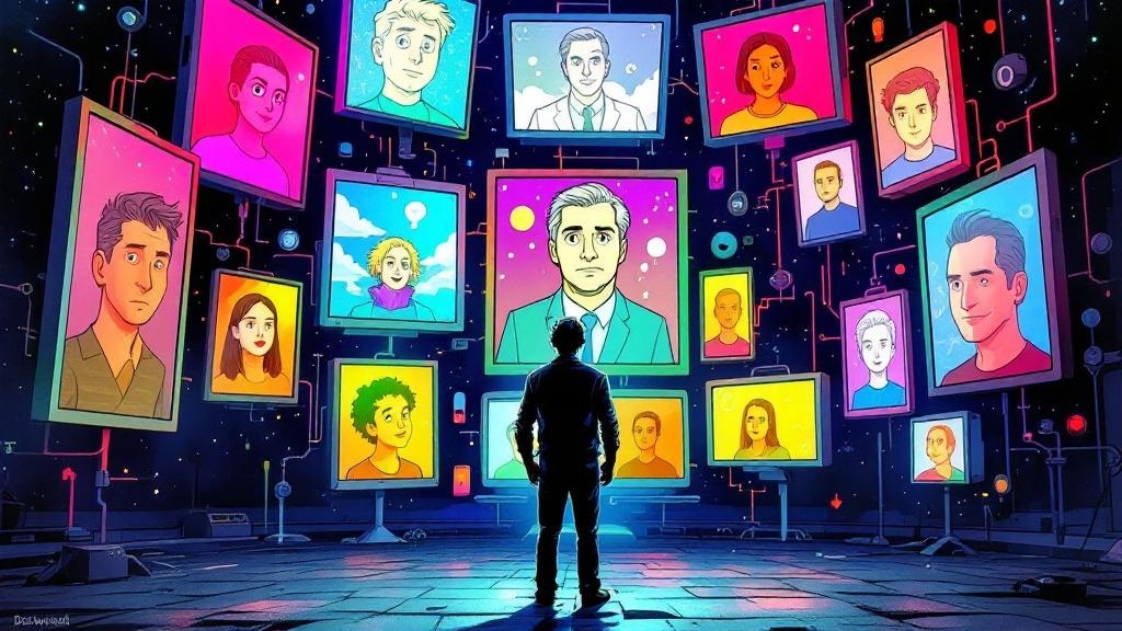 A person looking confused at a phone screen showing multiple curated profile images, contrasted with a simple mirror showing their real face