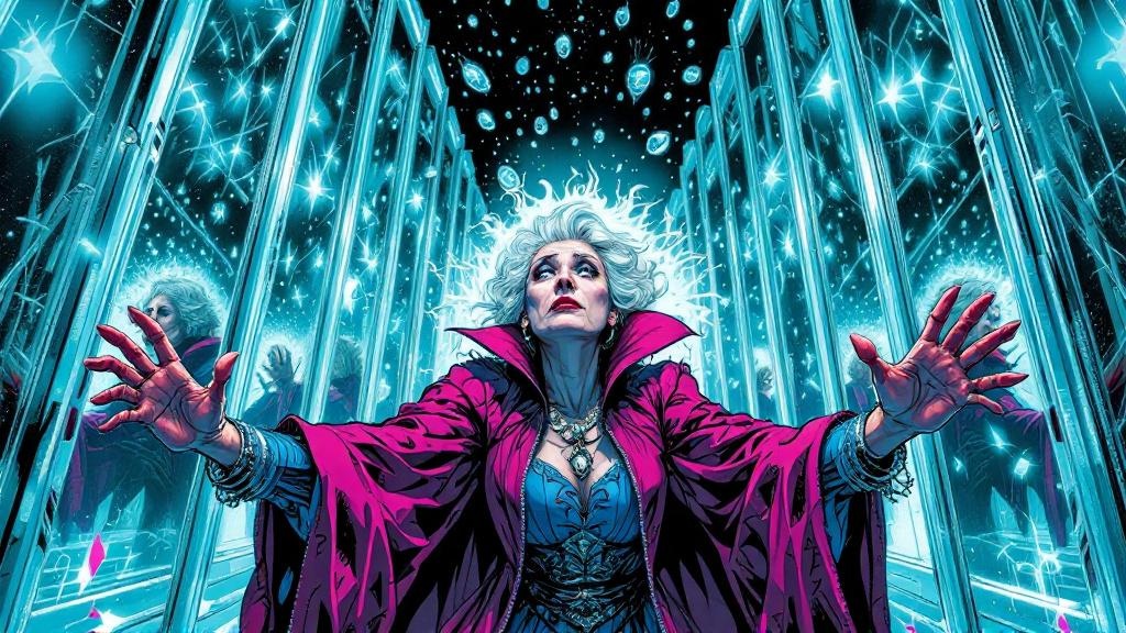 A woman lost among infinite mirror reflections, searching desperately with confusion and growing panic on her face