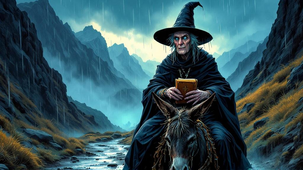 Granny Weatherwax and Mightily Oats riding a donkey through heavy rain on a mountain path, Oats clutching his holy book while Granny sits rigid and unflinching in the downpour, deep in heated conversation