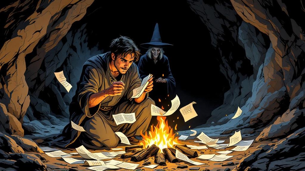 Mightily Oats kneeling by a small campfire in a dark mountain cave, tearing pages from his holy book to feed the flames, his face illuminated with a mixture of grief and dawning resolve, Granny Weatherwax's silhouette watching from the shadows