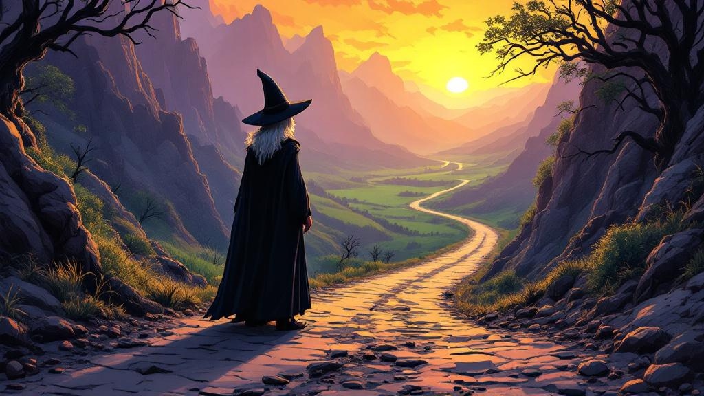 Granny Weatherwax standing at a mountain crossroads at dawn, facing firmly toward the rising sun with her back straight and chin lifted, while dark twisted shadows reach toward her from the other path, her boots planted solidly on the sunlit road