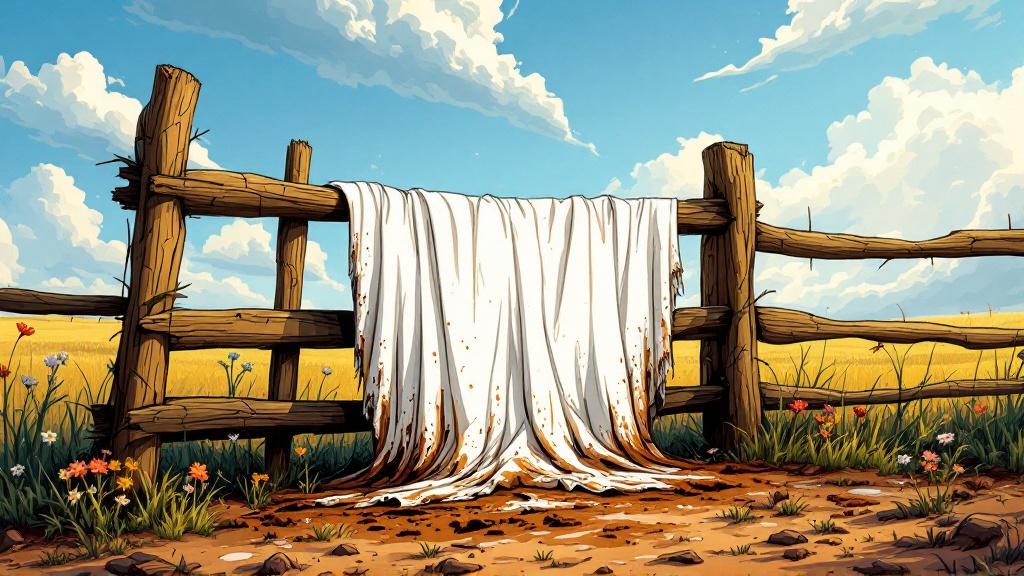 A pristine white cloth hanging on a clothesline against a clear blue sky, one corner trailing in mud and dirt, but the fabric above still brilliantly white, visible through the grime