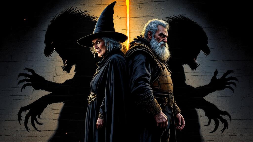 A split composition showing two figures standing back to back in darkness, one a witch in black with a pointed hat and the other a watchman in a battered breastplate, each casting a monstrous shadow that reaches toward the other, the shadows darker and wilder than the figures themselves