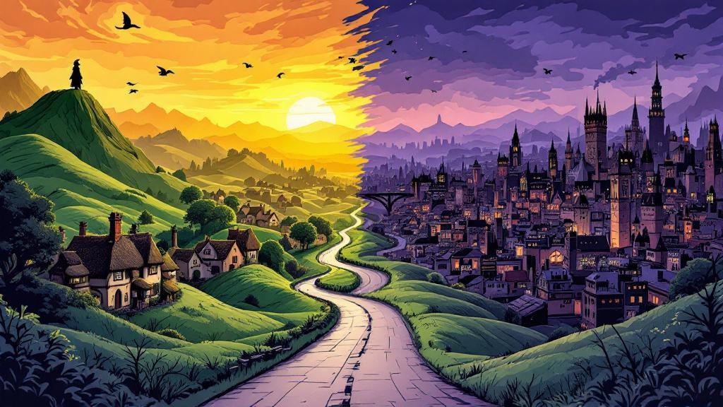 A wide landscape showing Lancre's mountains on the left and Ankh-Morpork's city skyline on the right, connected by a winding road that nobody is walking on, the sky showing dawn over the mountains and dusk over the city