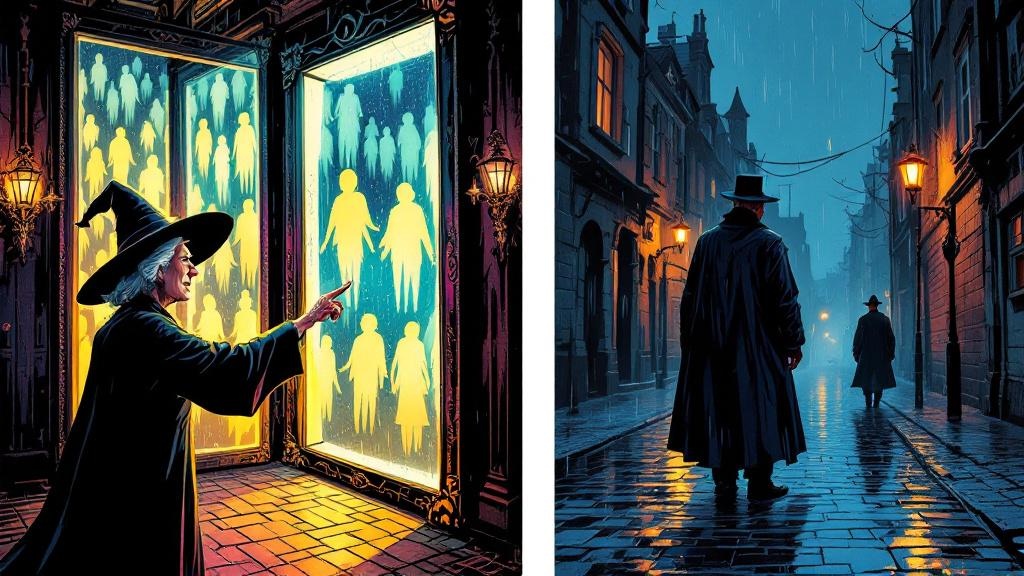 Two scenes side by side: a witch pointing confidently at her own reflection in a mirror maze while all other reflections fade to nothing, and a watchman standing in rain-slicked city streets at night with his badge glowing faintly against the darkness, both figures utterly certain of who they are