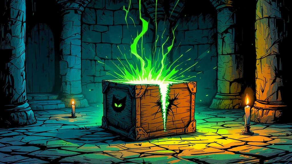 A wooden box sitting ominously in a castle corridor, with scratch marks visible on the inside and a faint green glow from one cat eye peering through a crack
