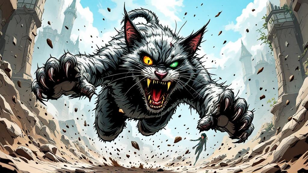 Greebo mid-leap with all claws extended, scar tissue visible, one green eye blazing, while an elf scrambles backward in panic