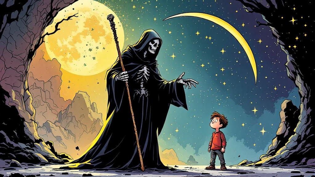 Death teaching his apprentice Mort the ways of soul-reaping