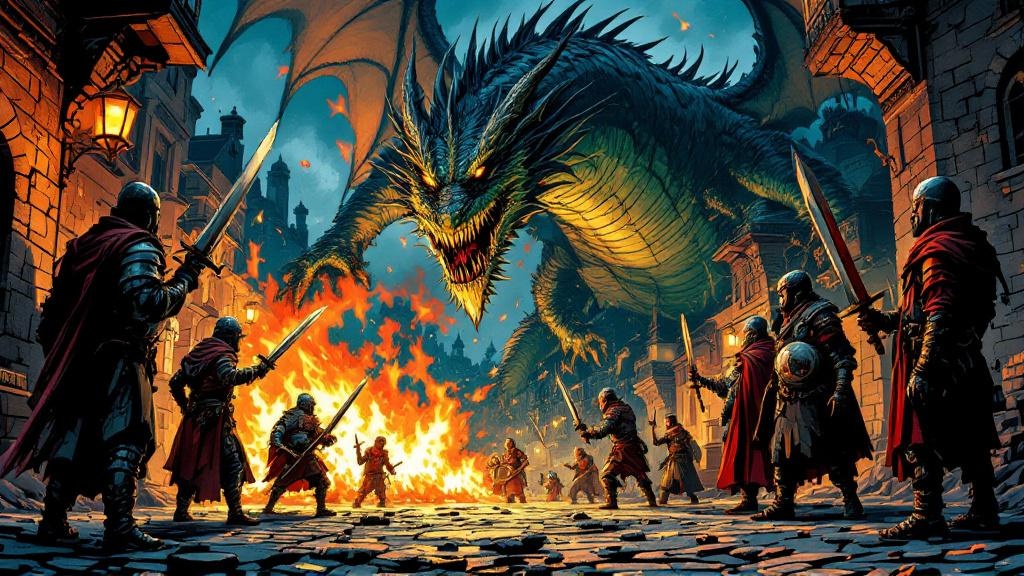 The Night Watch confronting a dragon in Ankh-Morpork's streets