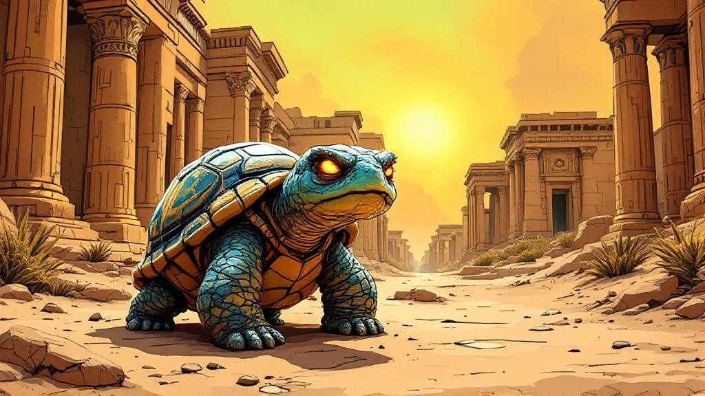 The Great God Om reduced to a small tortoise in the desert