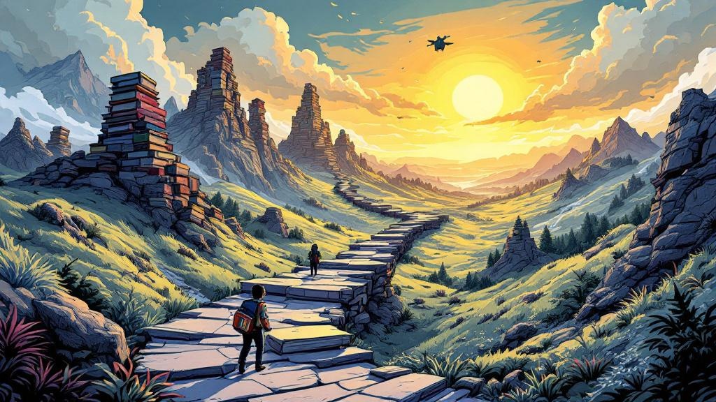 A winding path through a fantastical landscape with books serving as stepping stones and milestones